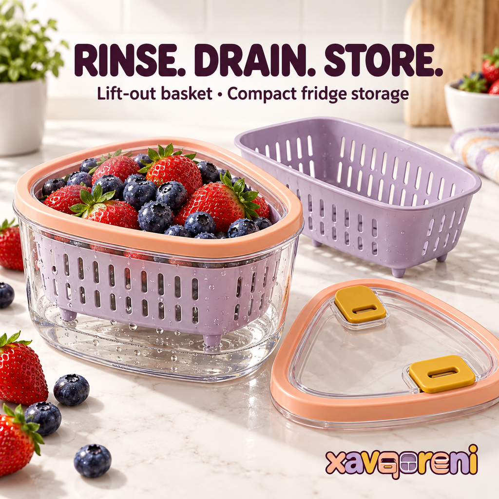 XAVQORENI Berry Keeper Container with Removable Colander, Fruit Washing Basket and Vented Lid for Refrigerator Storage