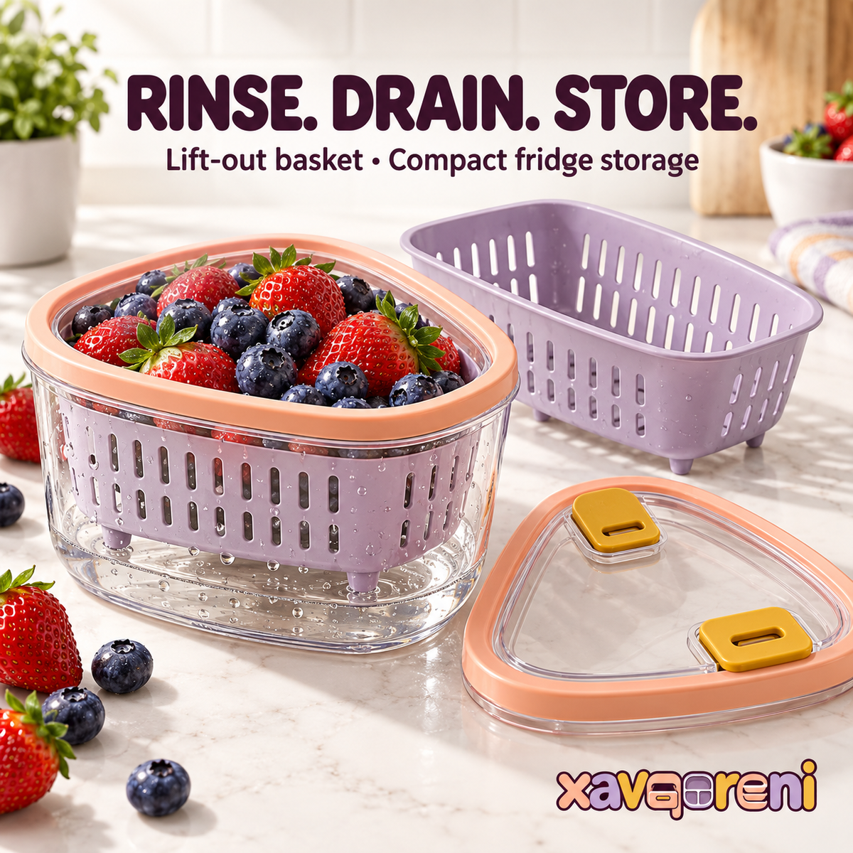 XAVQORENI Berry Keeper Container with Removable Colander, Fruit Washing Basket and Vented Lid for Refrigerator Storage