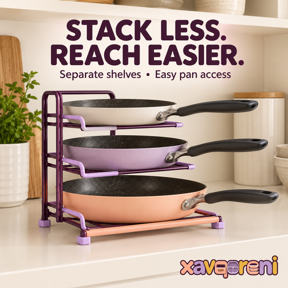 XAVQORENI 3-Tier Pan Organizer Rack for Kitchen Cabinets, Freestanding Frying Pan Storage Holder with Separate Shelves