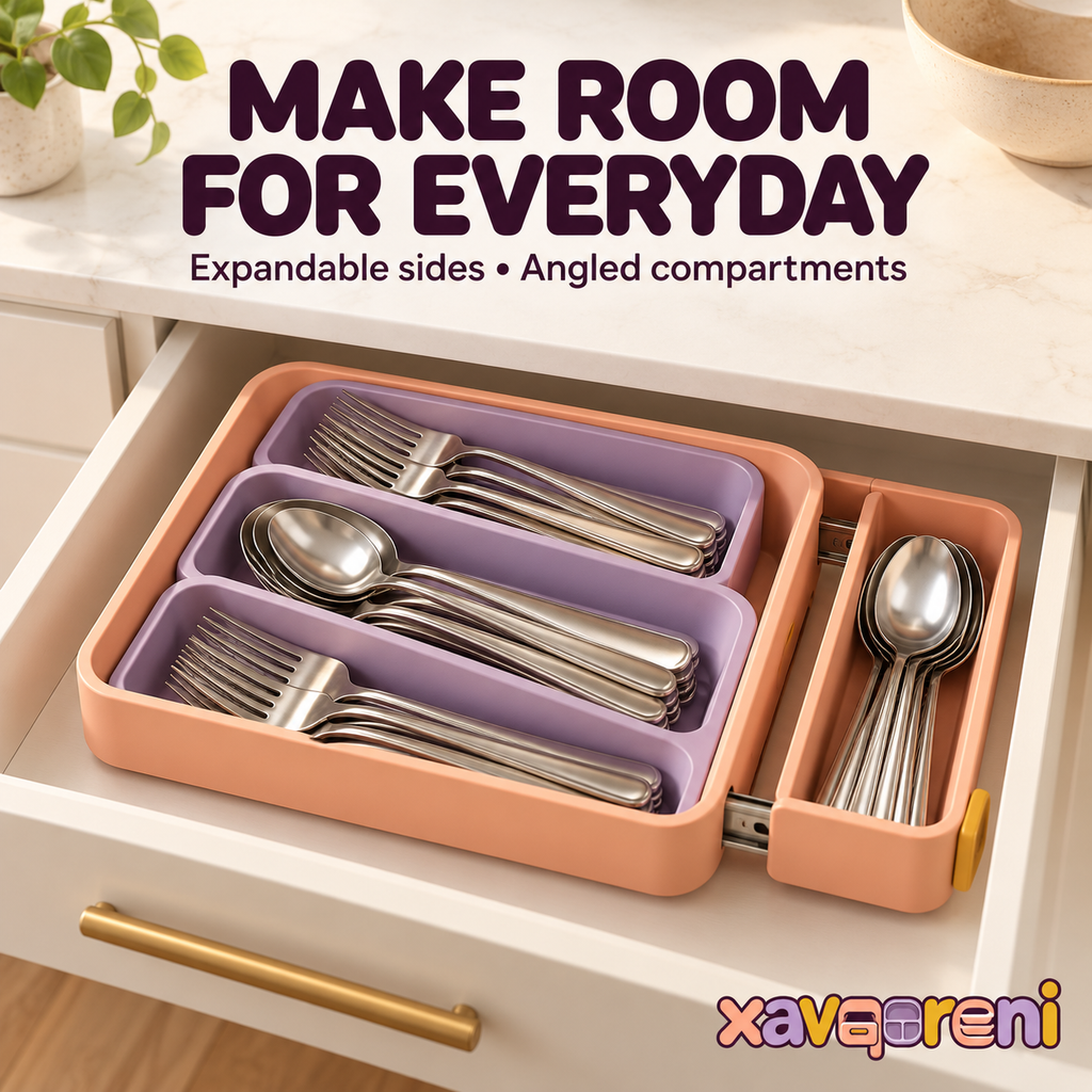 XAVQORENI Expandable Silverware Drawer Organizer, Angled Flatware Tray with Sliding Side Compartment for Spoons and Forks