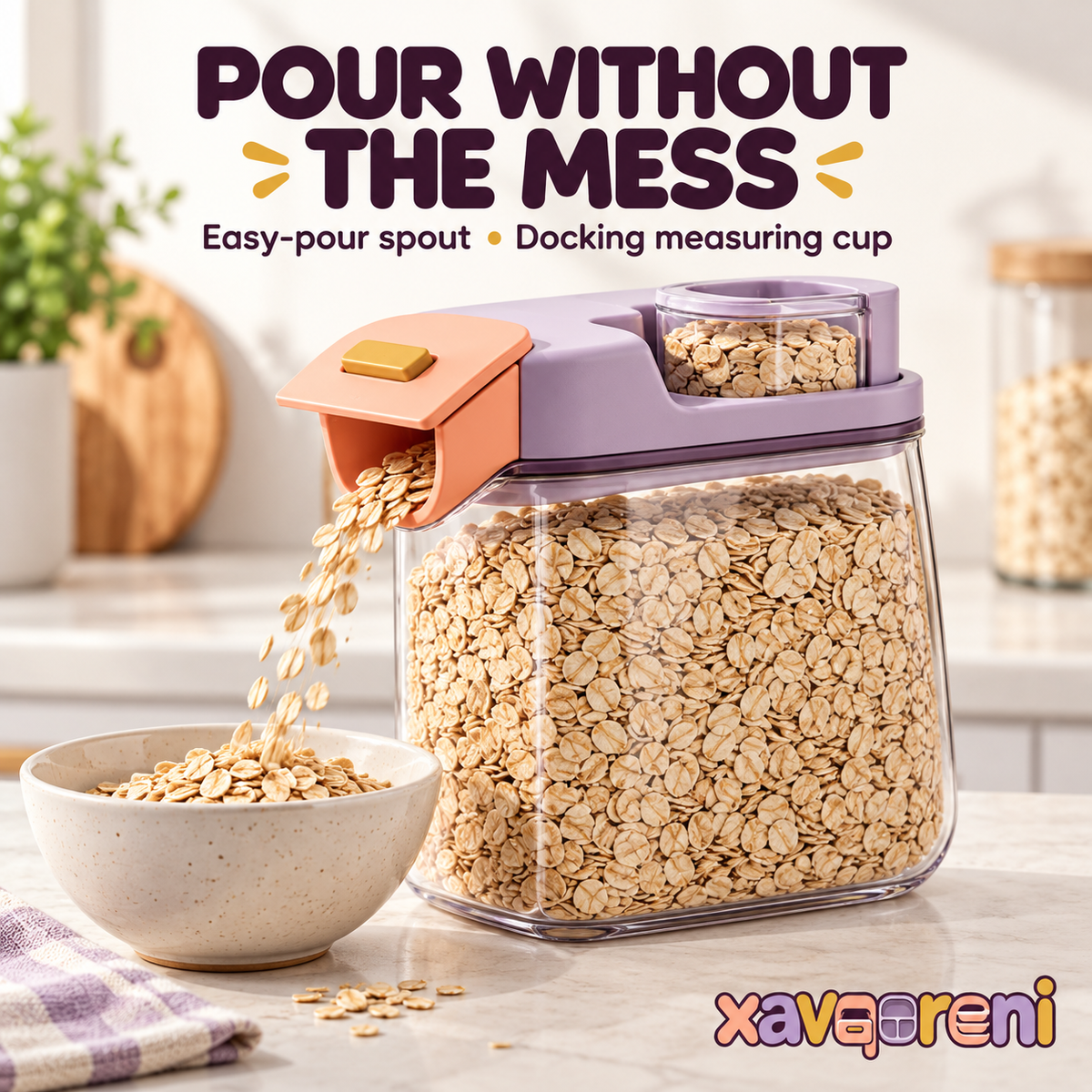 XAVQORENI Cereal Storage Container with Pour Spout and Docking Measuring Cup, Clear Pantry Canister for Oats, Rice and Dry Goods