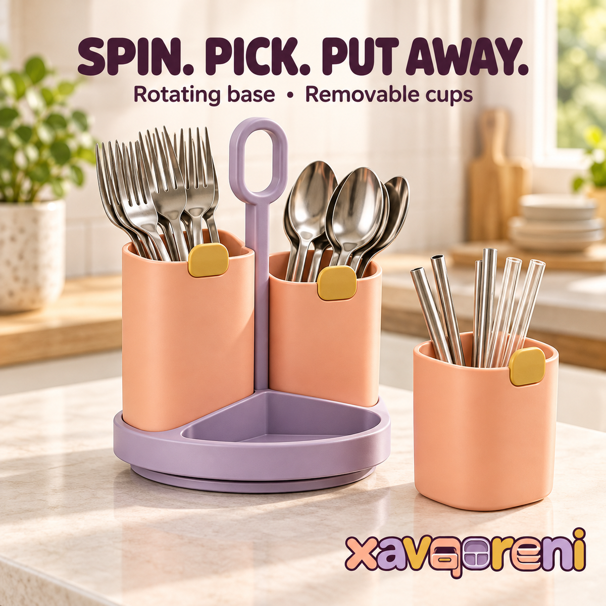XAVQORENI Rotating Silverware Caddy with Removable Cups and Carry Handle, Countertop Flatware Organizer for Forks, Spoons and Straws