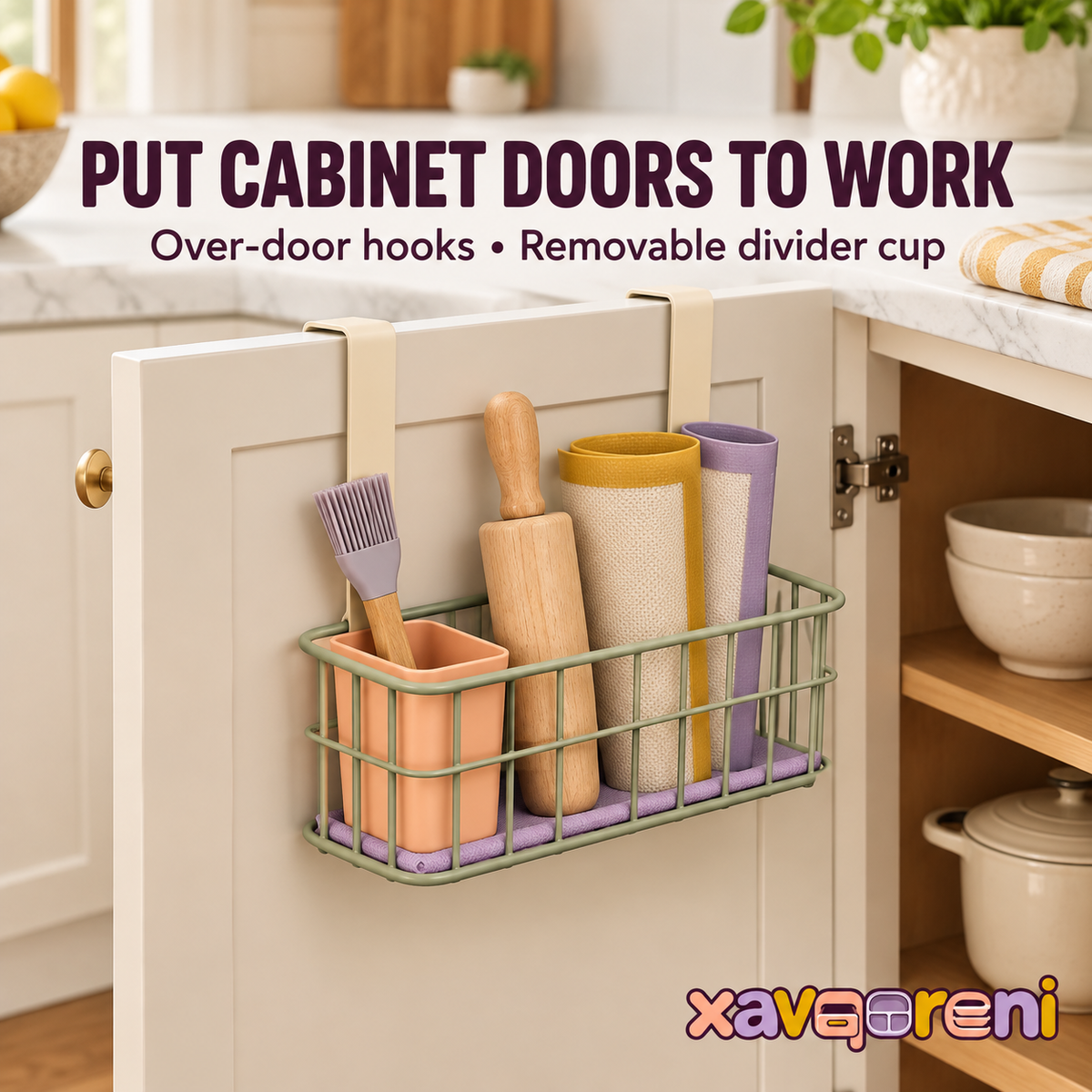 XAVQORENI Over Cabinet Door Organizer Basket with Removable Utensil Cup and Base Liner, Kitchen Storage for Baking Mats and Tools