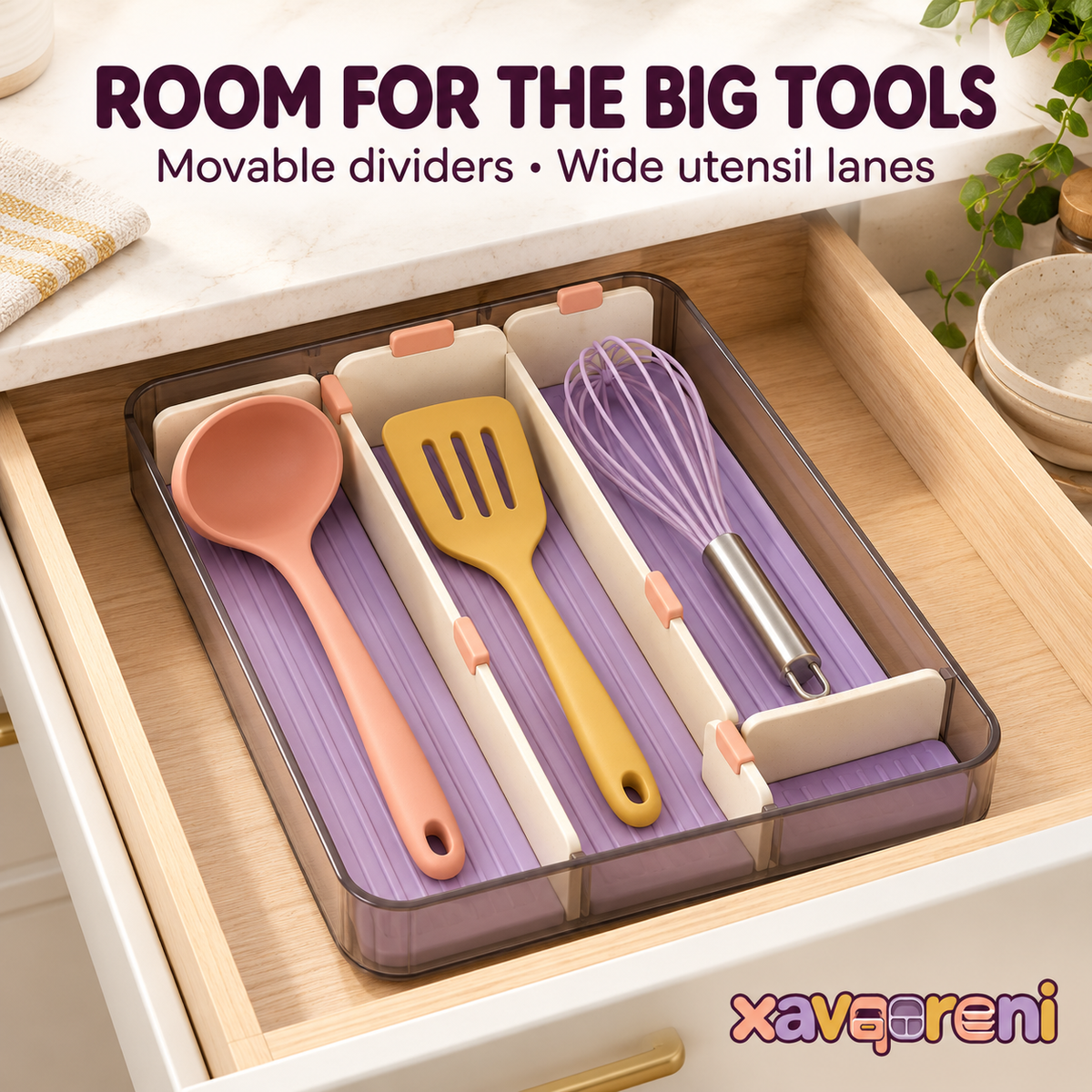 XAVQORENI Kitchen Utensil Drawer Organizer with Movable Dividers, Wide-Compartment Storage Tray for Ladles, Spatulas and Whisks