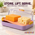 XAVQORENI Cheese Keeper for Refrigerator with Removable Raised Serving Tray and Adjustable Vent, Clear Covered Cheese Storage Box