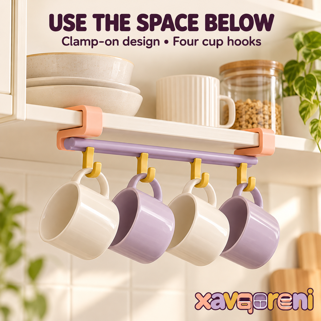 XAVQORENI Under Shelf Mug Holder with Four Hooks, Clamp-On Coffee Cup Rack for Kitchen Cabinet and Cupboard Storage