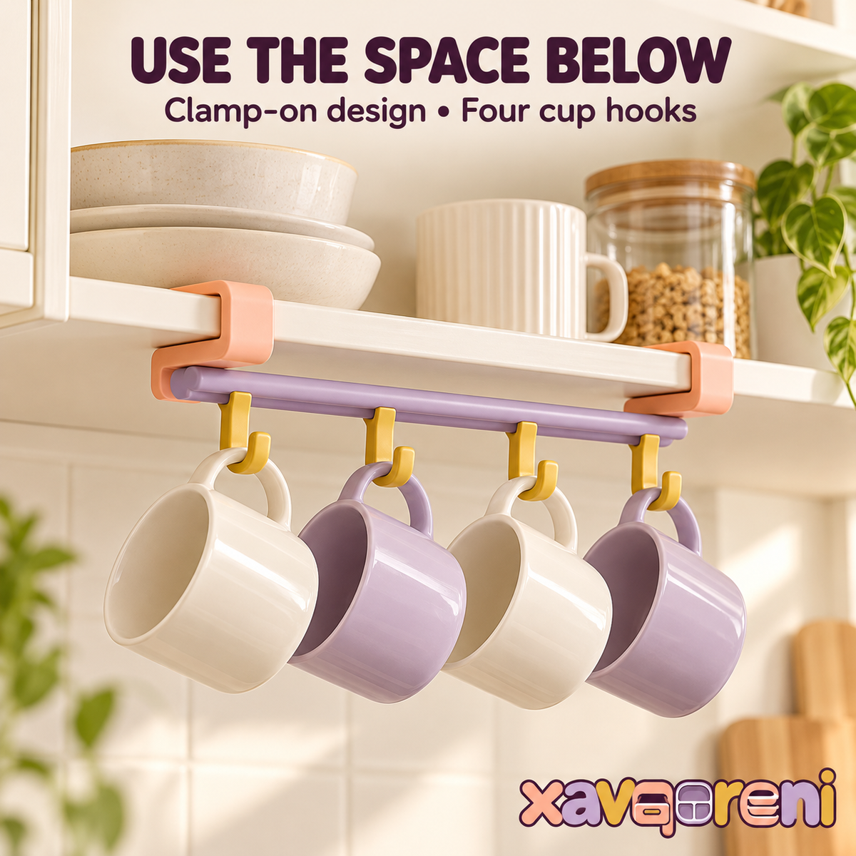 XAVQORENI Under Shelf Mug Holder with Four Hooks, Clamp-On Coffee Cup Rack for Kitchen Cabinet and Cupboard Storage