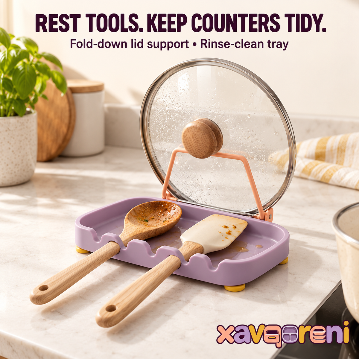 XAVQORENI Pot Lid Holder and Spoon Rest with Fold-Down Support, Countertop Drip Tray for Spatulas, Ladles and Cooking Utensils