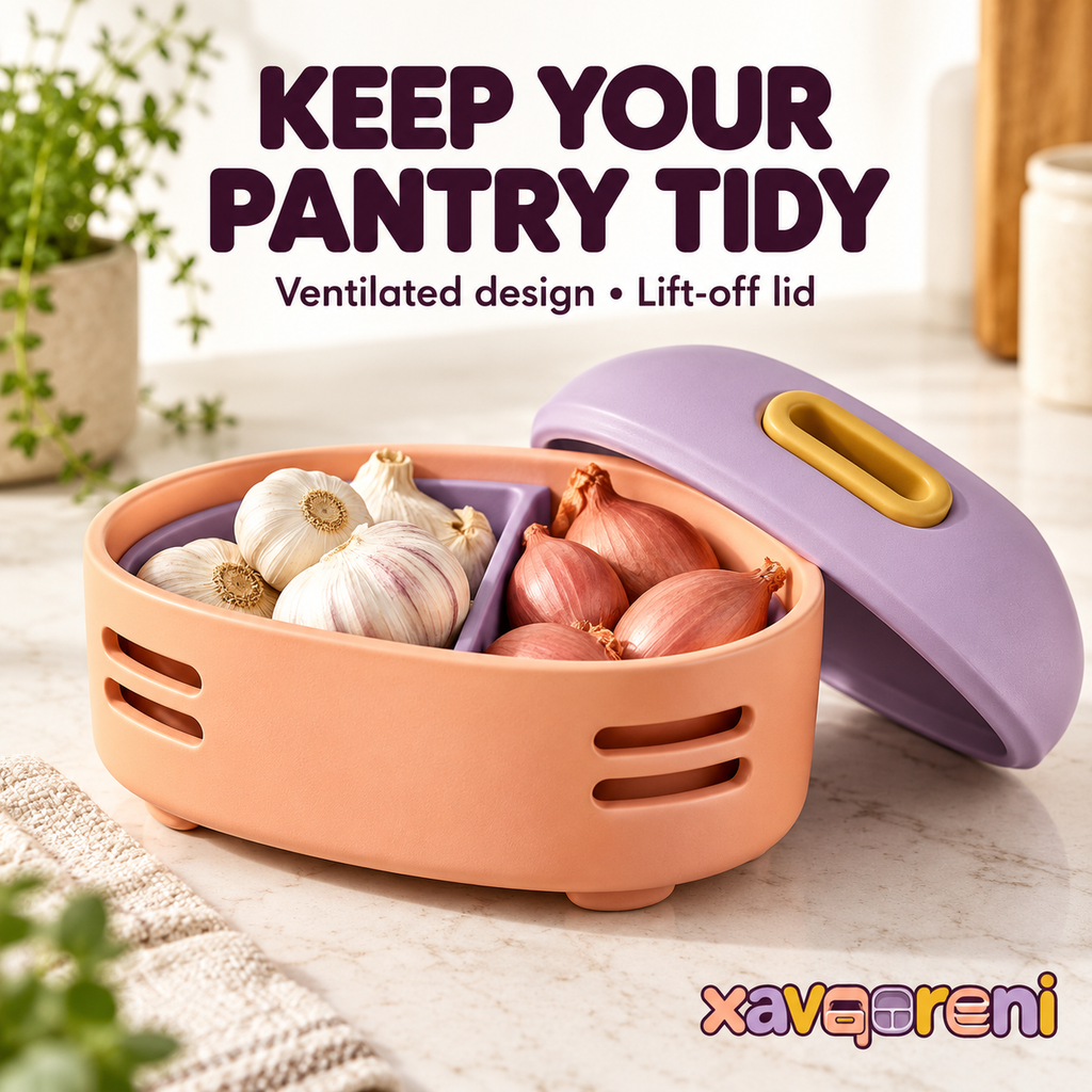 XAVQORENI Ventilated Garlic and Shallot Keeper with Divided Interior and Lift-Off Lid, Compact Countertop Pantry Storage Container