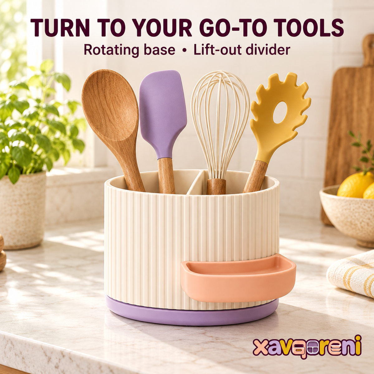 XAVQORENI Rotating Kitchen Utensil Holder with Lift-Out Divider and Side Tray, Countertop Crock for Spatulas, Spoons and Whisks