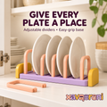 XAVQORENI Adjustable Plate Organizer with Removable Dividers, Vertical Dish Storage Rack with Easy-Grip Base for Kitchen Cabinets