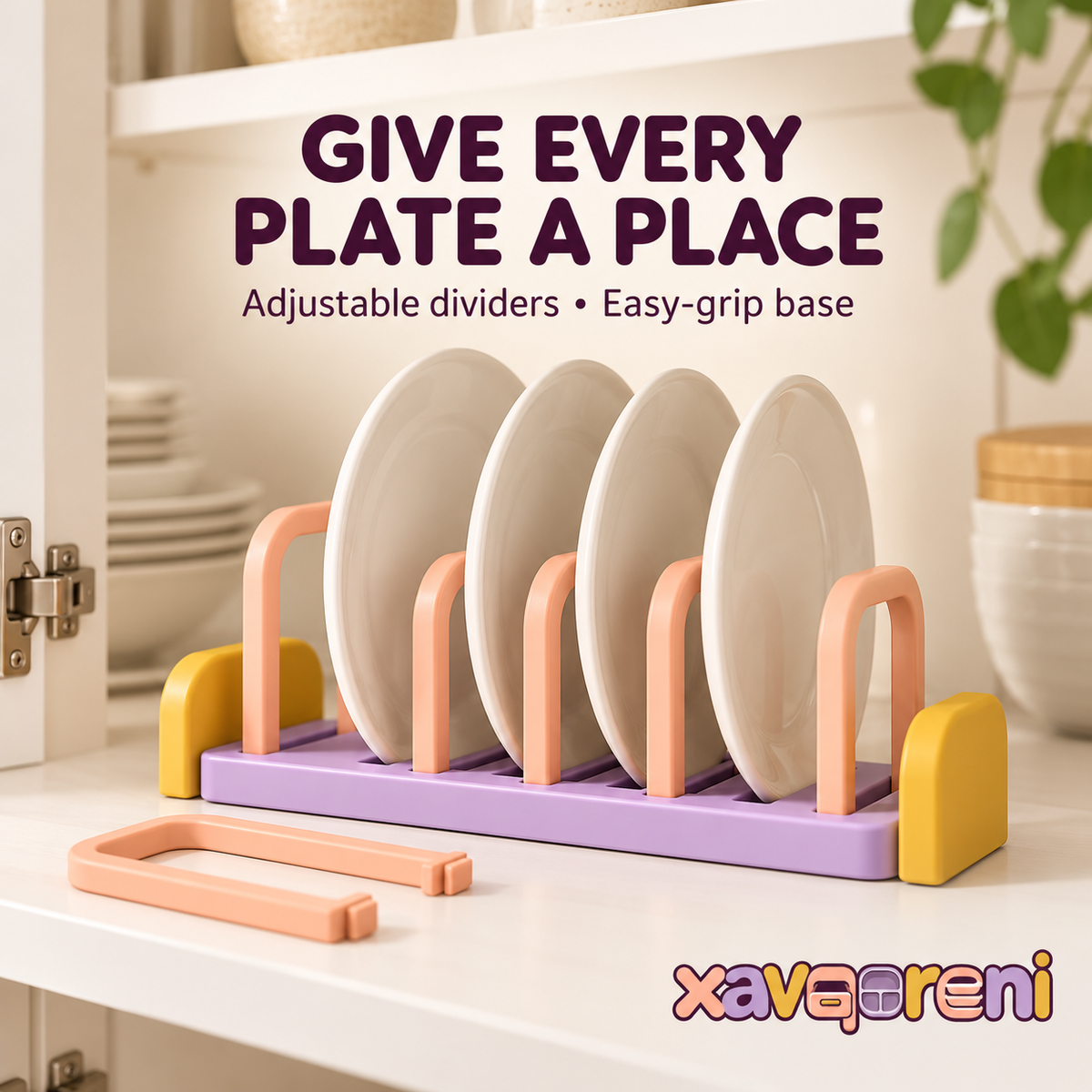 XAVQORENI Adjustable Plate Organizer with Removable Dividers, Vertical Dish Storage Rack with Easy-Grip Base for Kitchen Cabinets