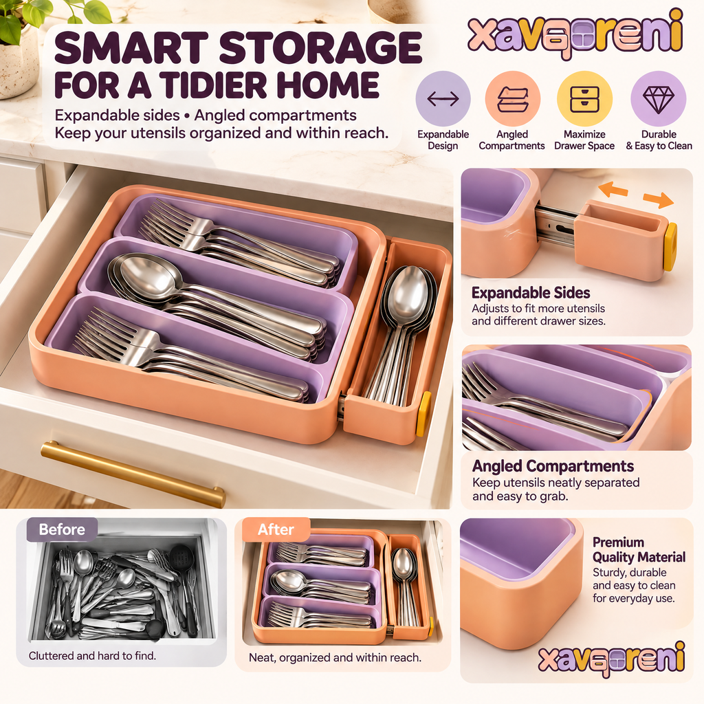 XAVQORENI Expandable Silverware Drawer Organizer, Angled Flatware Tray with Sliding Side Compartment for Spoons and Forks