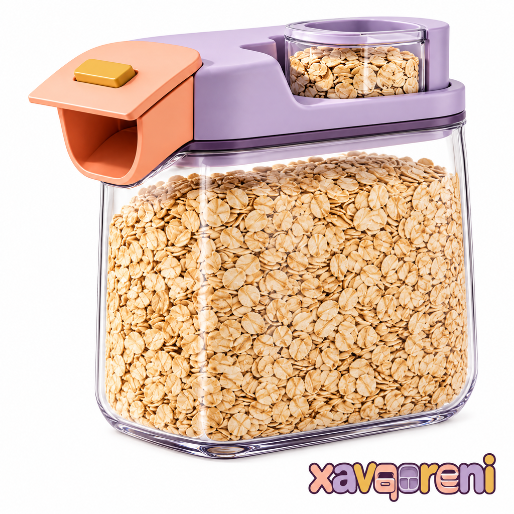 XAVQORENI Cereal Storage Container with Pour Spout and Docking Measuring Cup, Clear Pantry Canister for Oats, Rice and Dry Goods