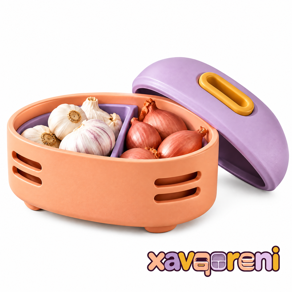 XAVQORENI Ventilated Garlic and Shallot Keeper with Divided Interior and Lift-Off Lid, Compact Countertop Pantry Storage Container