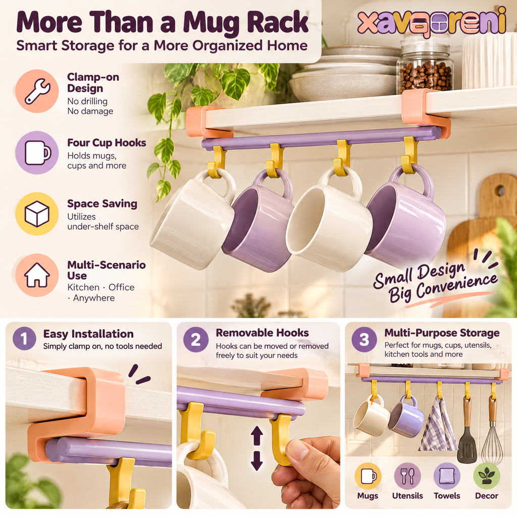 XAVQORENI Under Shelf Mug Holder with Four Hooks, Clamp-On Coffee Cup Rack for Kitchen Cabinet and Cupboard Storage