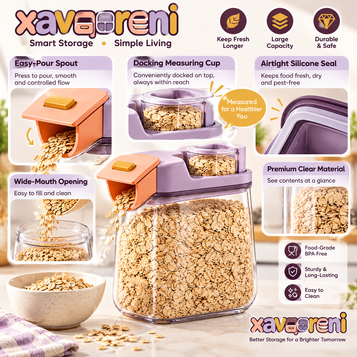 XAVQORENI Cereal Storage Container with Pour Spout and Docking Measuring Cup, Clear Pantry Canister for Oats, Rice and Dry Goods