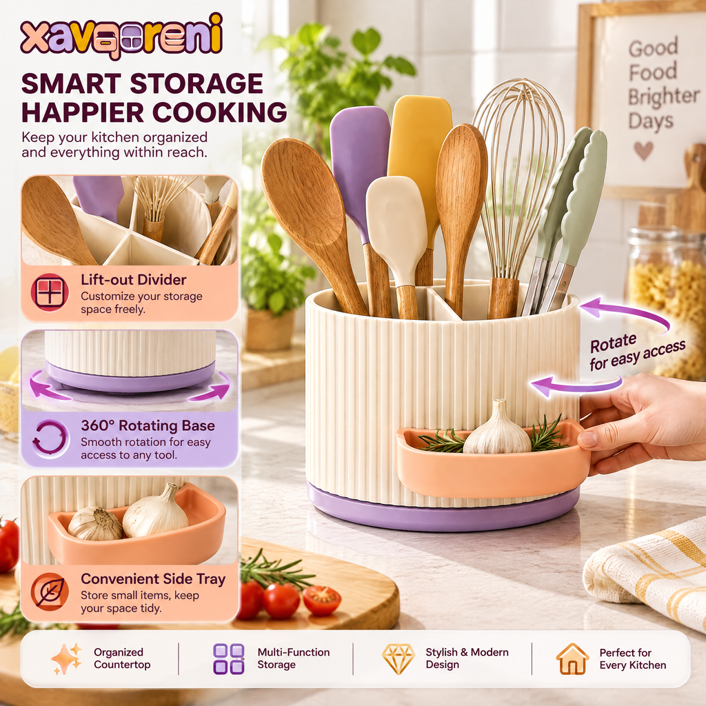 XAVQORENI Rotating Kitchen Utensil Holder with Lift-Out Divider and Side Tray, Countertop Crock for Spatulas, Spoons and Whisks