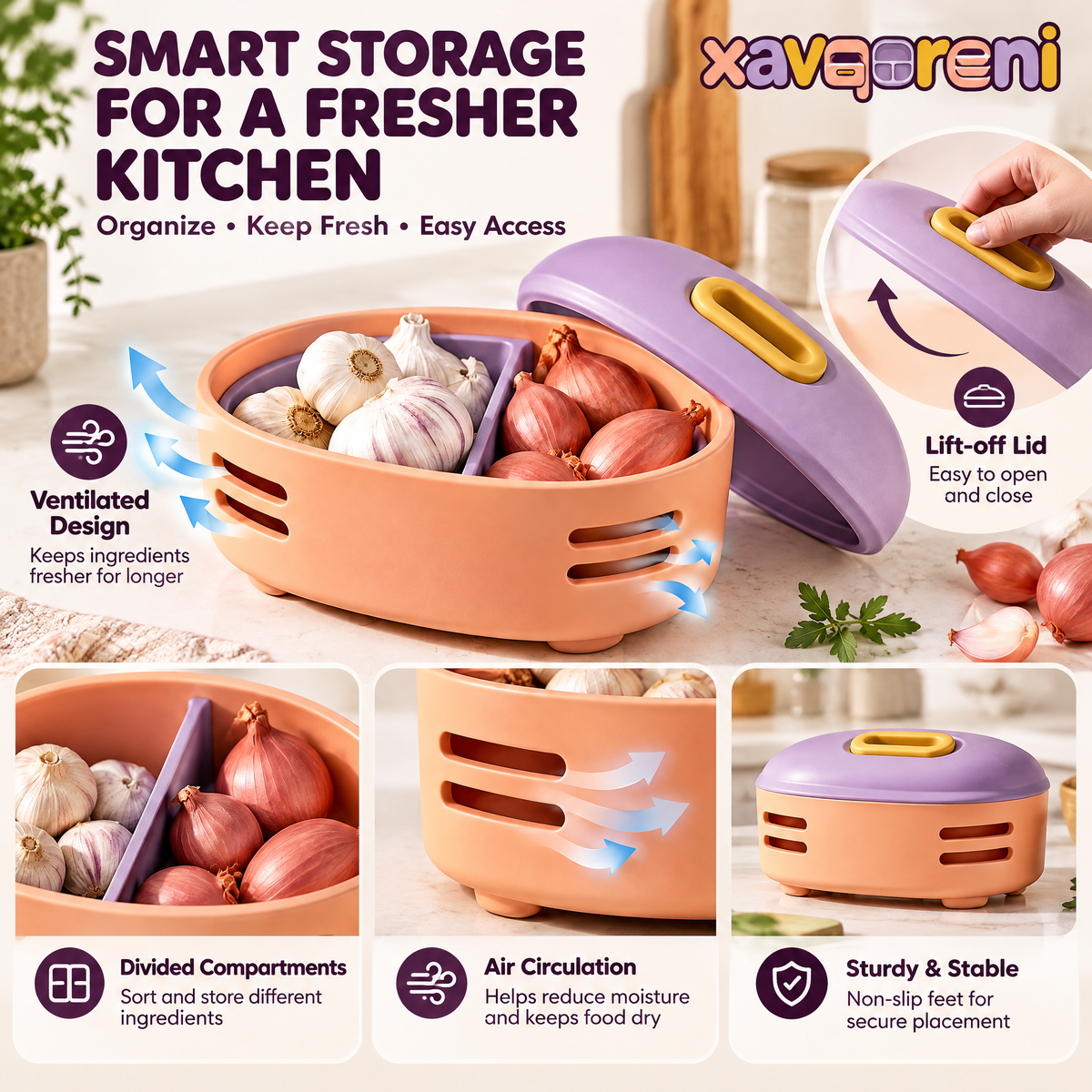 XAVQORENI Ventilated Garlic and Shallot Keeper with Divided Interior and Lift-Off Lid, Compact Countertop Pantry Storage Container
