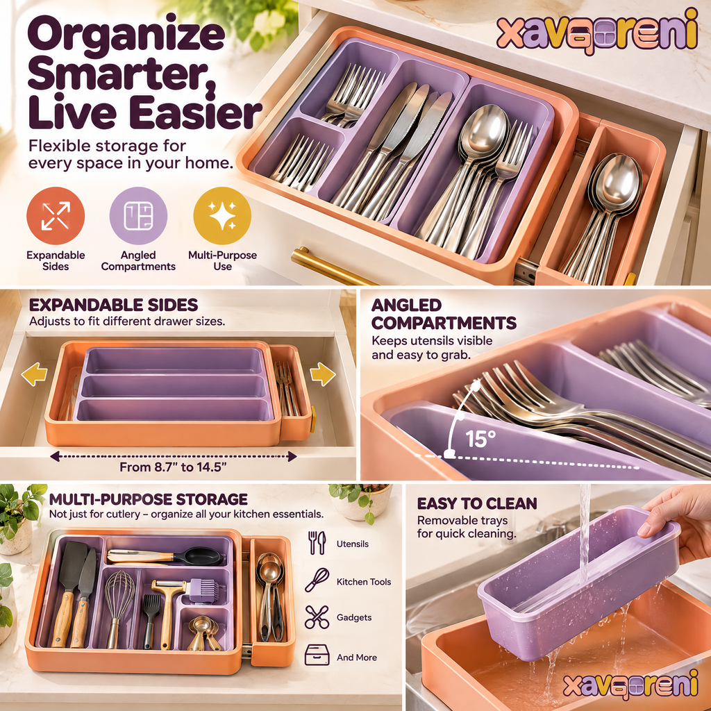 XAVQORENI Expandable Silverware Drawer Organizer, Angled Flatware Tray with Sliding Side Compartment for Spoons and Forks