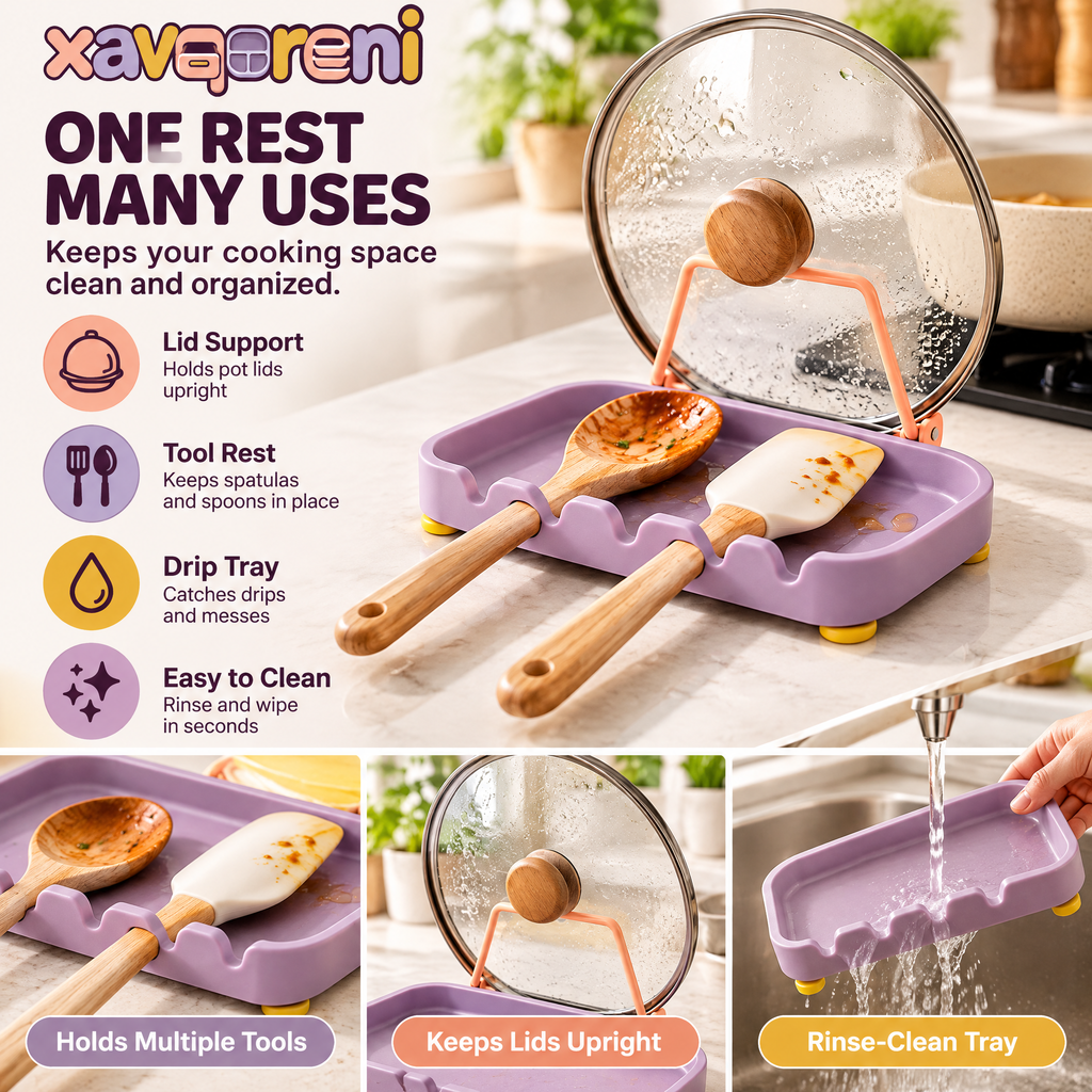 XAVQORENI Pot Lid Holder and Spoon Rest with Fold-Down Support, Countertop Drip Tray for Spatulas, Ladles and Cooking Utensils
