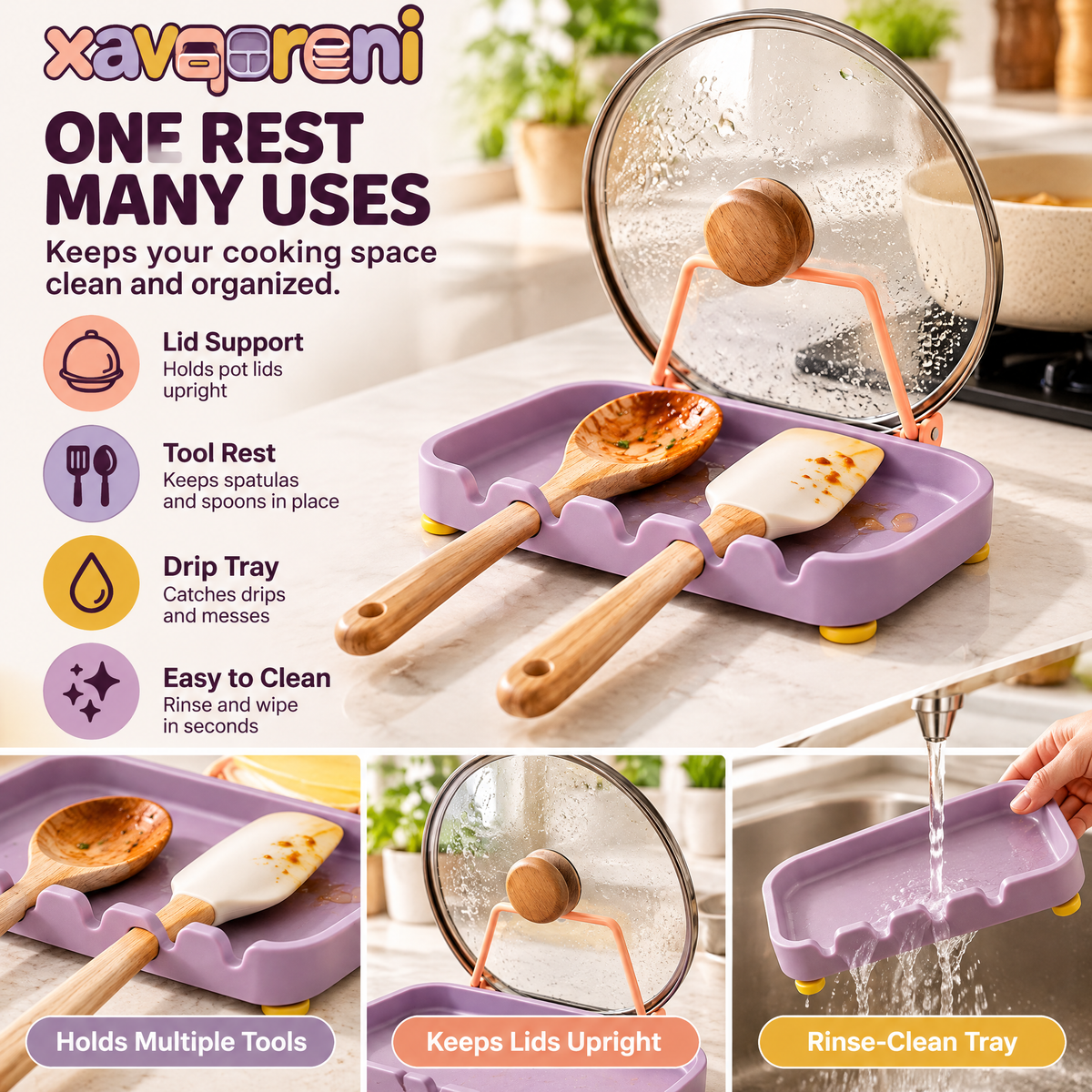 XAVQORENI Pot Lid Holder and Spoon Rest with Fold-Down Support, Countertop Drip Tray for Spatulas, Ladles and Cooking Utensils