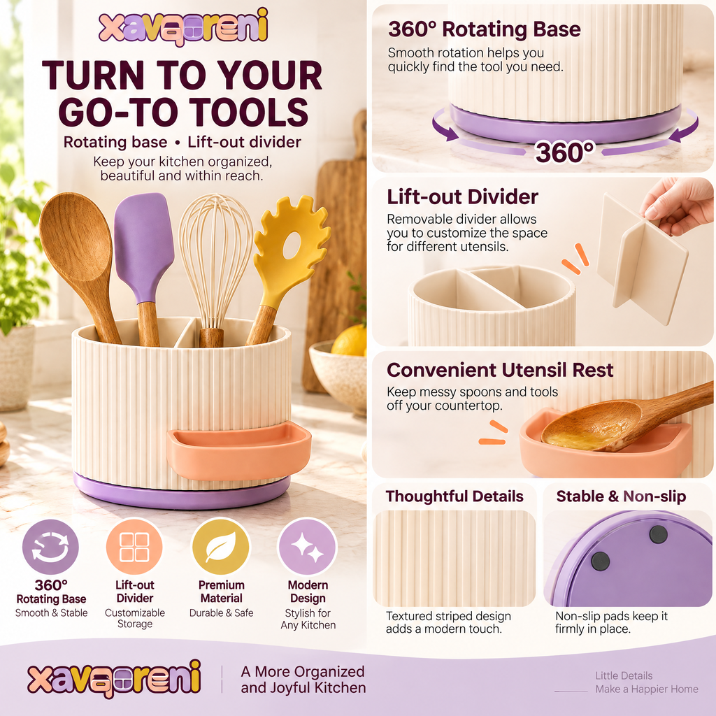 XAVQORENI Rotating Kitchen Utensil Holder with Lift-Out Divider and Side Tray, Countertop Crock for Spatulas, Spoons and Whisks