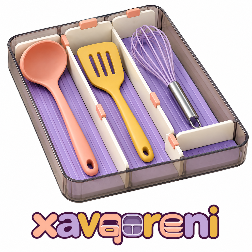 XAVQORENI Kitchen Utensil Drawer Organizer with Movable Dividers, Wide-Compartment Storage Tray for Ladles, Spatulas and Whisks