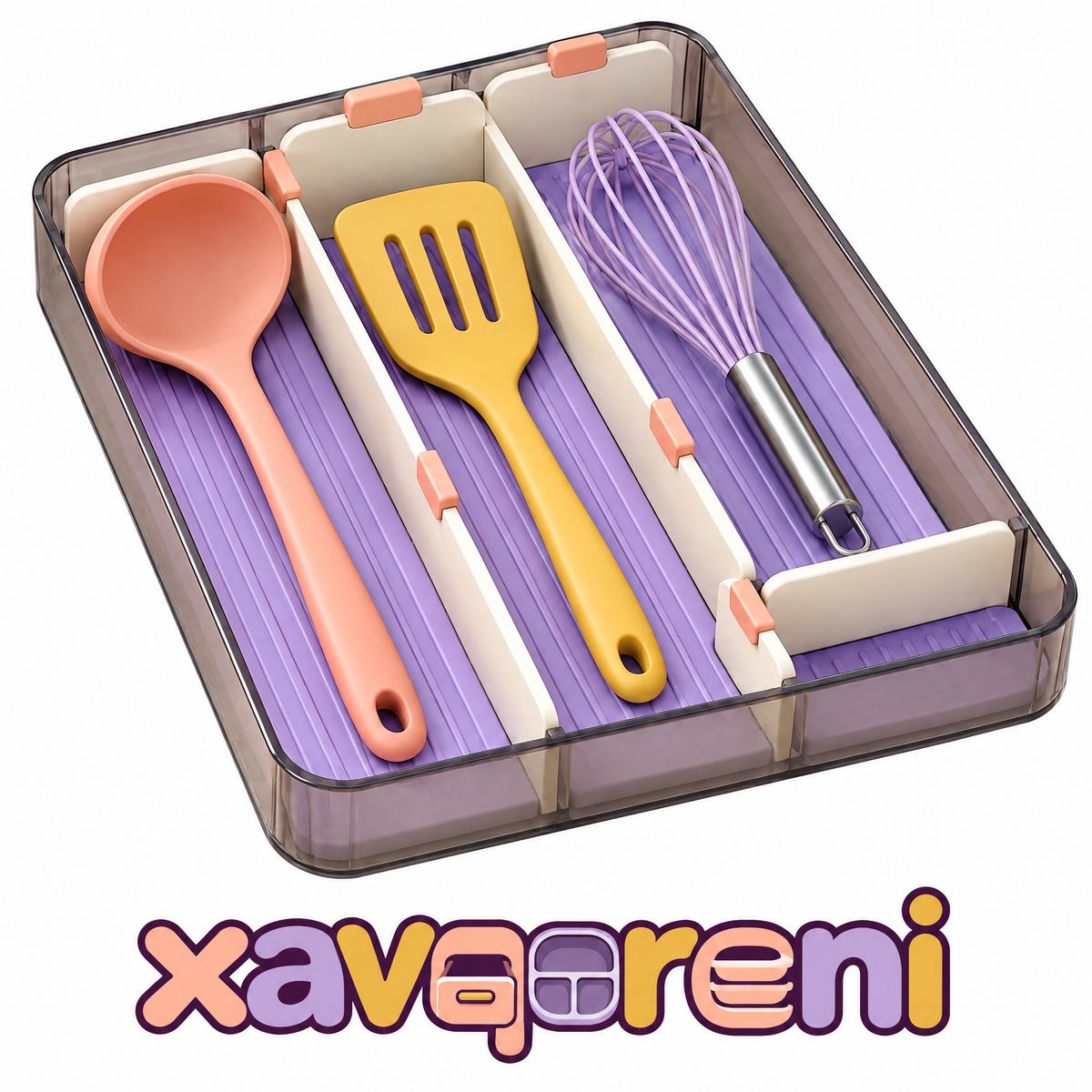 XAVQORENI Kitchen Utensil Drawer Organizer with Movable Dividers, Wide-Compartment Storage Tray for Ladles, Spatulas and Whisks