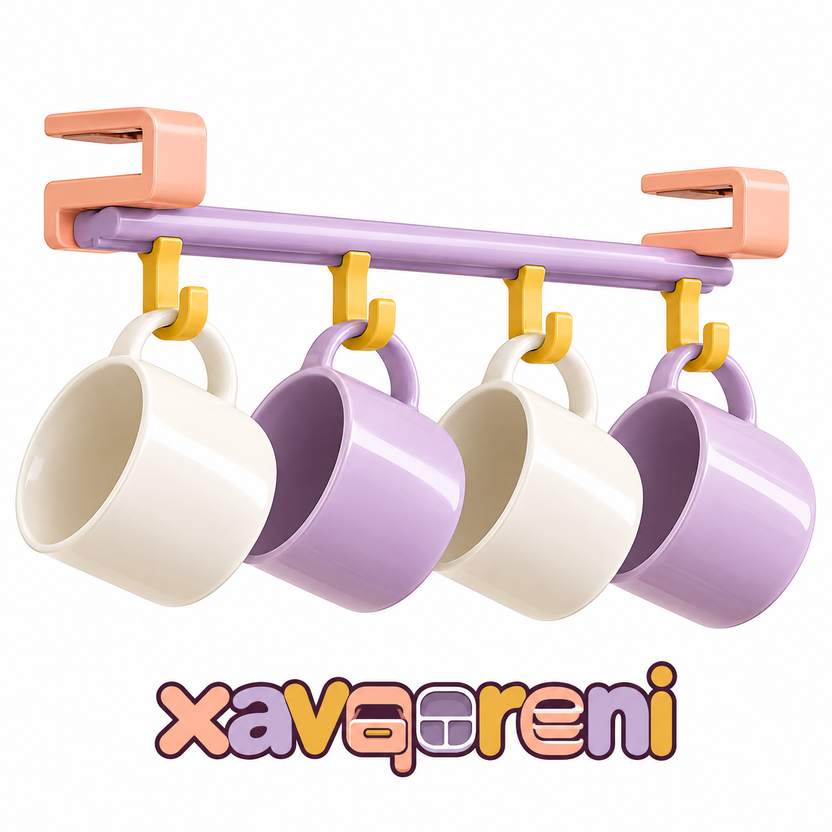 XAVQORENI Under Shelf Mug Holder with Four Hooks, Clamp-On Coffee Cup Rack for Kitchen Cabinet and Cupboard Storage