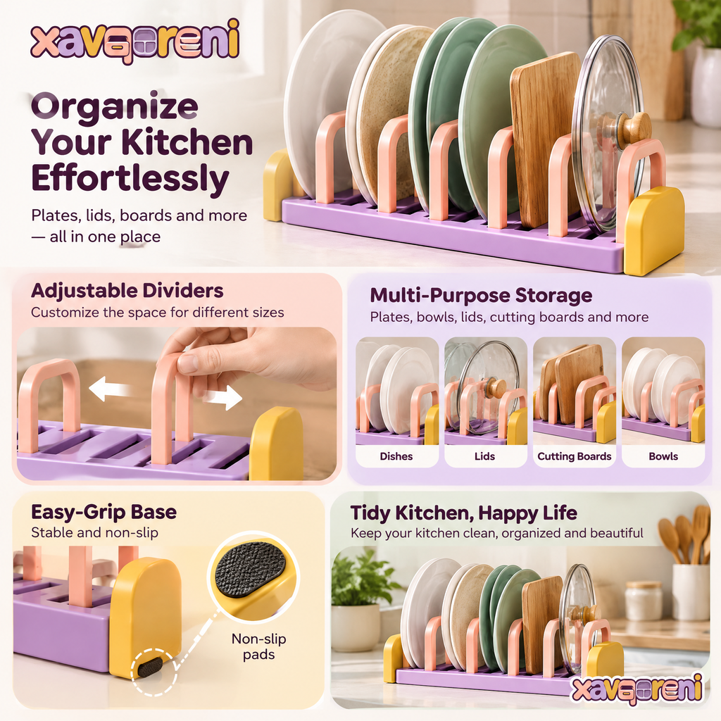 XAVQORENI Adjustable Plate Organizer with Removable Dividers, Vertical Dish Storage Rack with Easy-Grip Base for Kitchen Cabinets