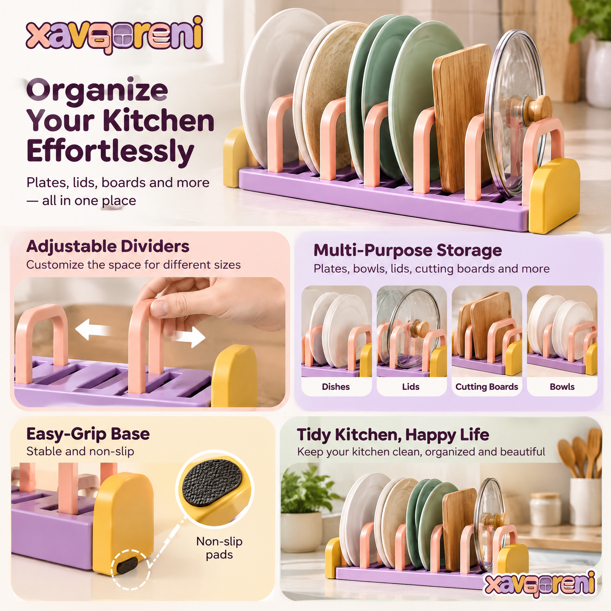 XAVQORENI Adjustable Plate Organizer with Removable Dividers, Vertical Dish Storage Rack with Easy-Grip Base for Kitchen Cabinets