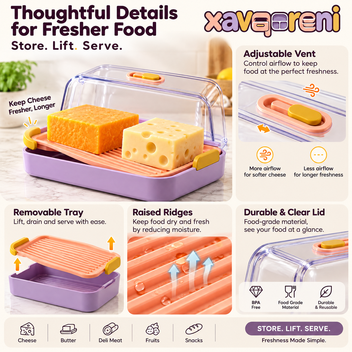 XAVQORENI Cheese Keeper for Refrigerator with Removable Raised Serving Tray and Adjustable Vent, Clear Covered Cheese Storage Box