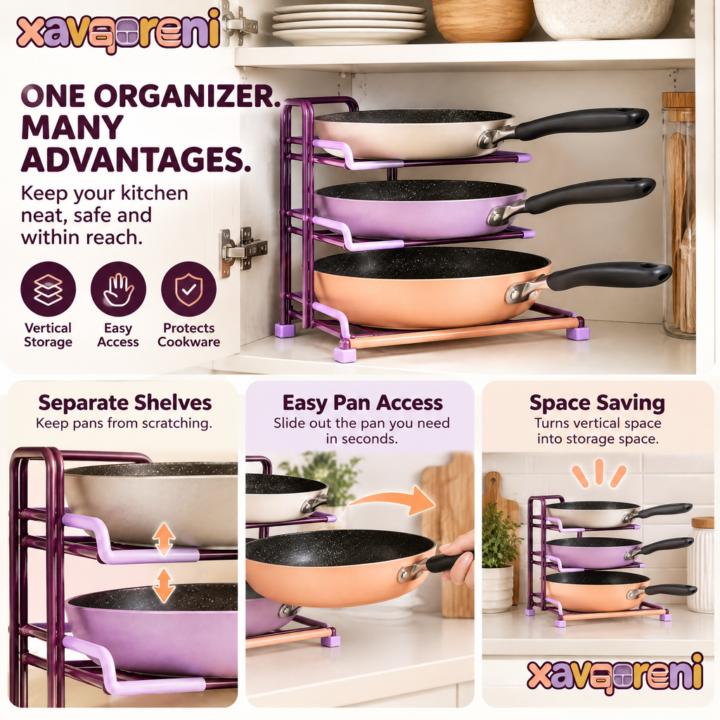 XAVQORENI 3-Tier Pan Organizer Rack for Kitchen Cabinets, Freestanding Frying Pan Storage Holder with Separate Shelves