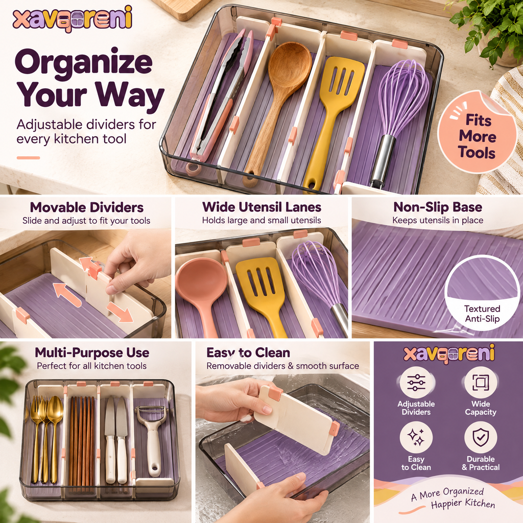 XAVQORENI Kitchen Utensil Drawer Organizer with Movable Dividers, Wide-Compartment Storage Tray for Ladles, Spatulas and Whisks