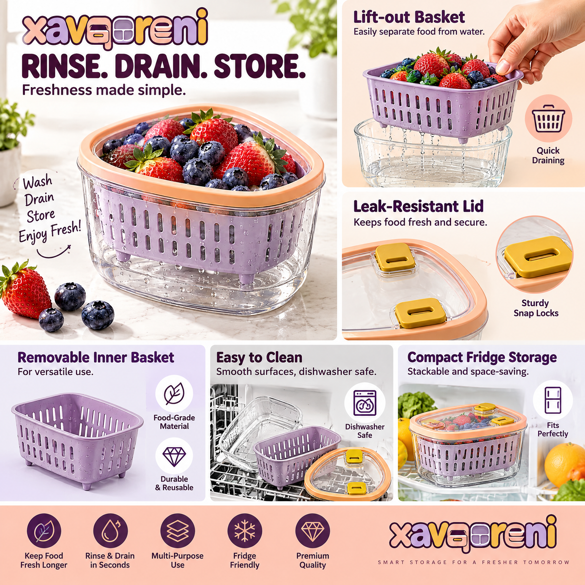 XAVQORENI Berry Keeper Container with Removable Colander, Fruit Washing Basket and Vented Lid for Refrigerator Storage