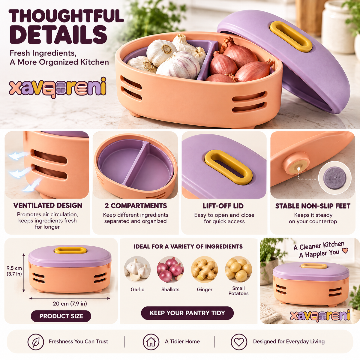 XAVQORENI Ventilated Garlic and Shallot Keeper with Divided Interior and Lift-Off Lid, Compact Countertop Pantry Storage Container