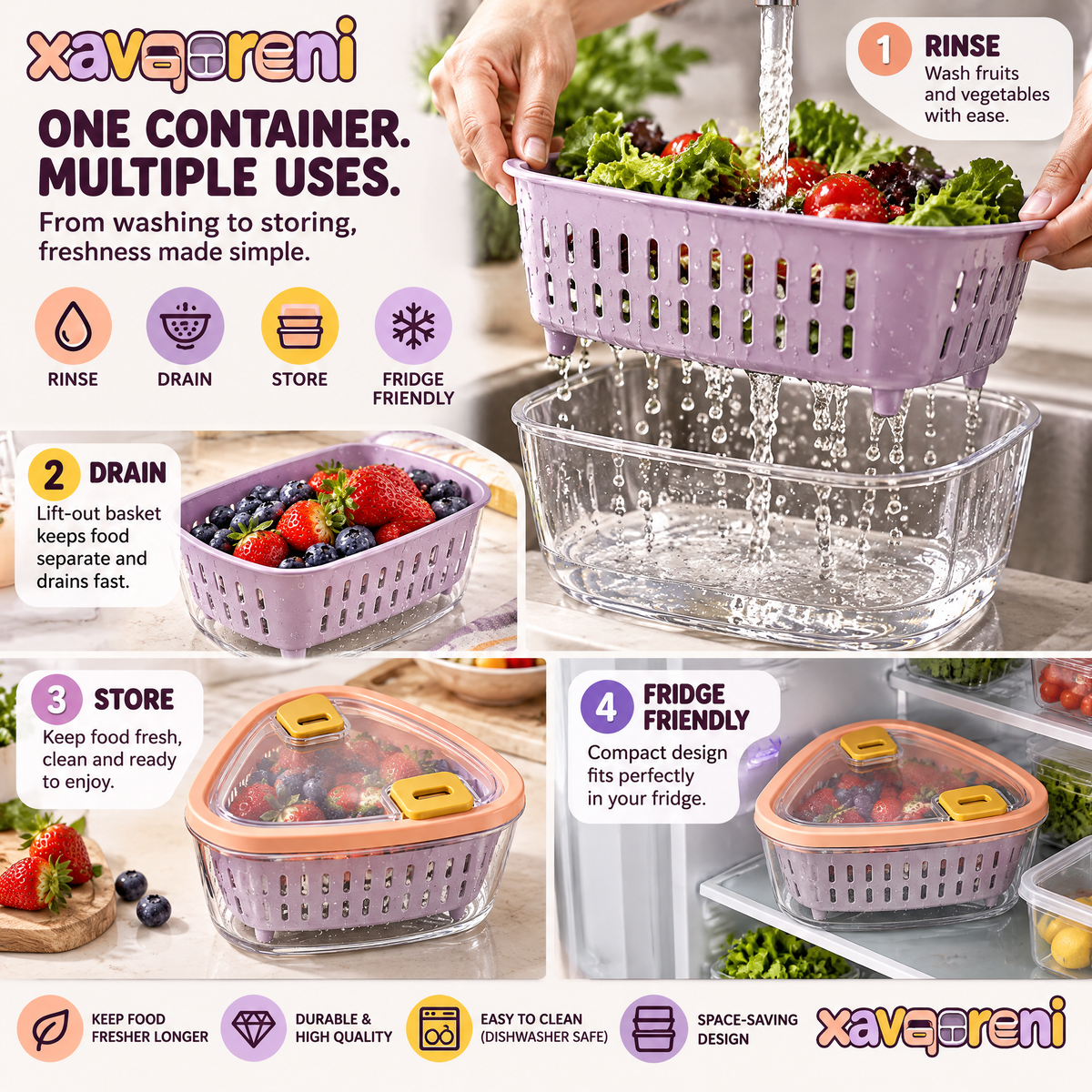 XAVQORENI Berry Keeper Container with Removable Colander, Fruit Washing Basket and Vented Lid for Refrigerator Storage