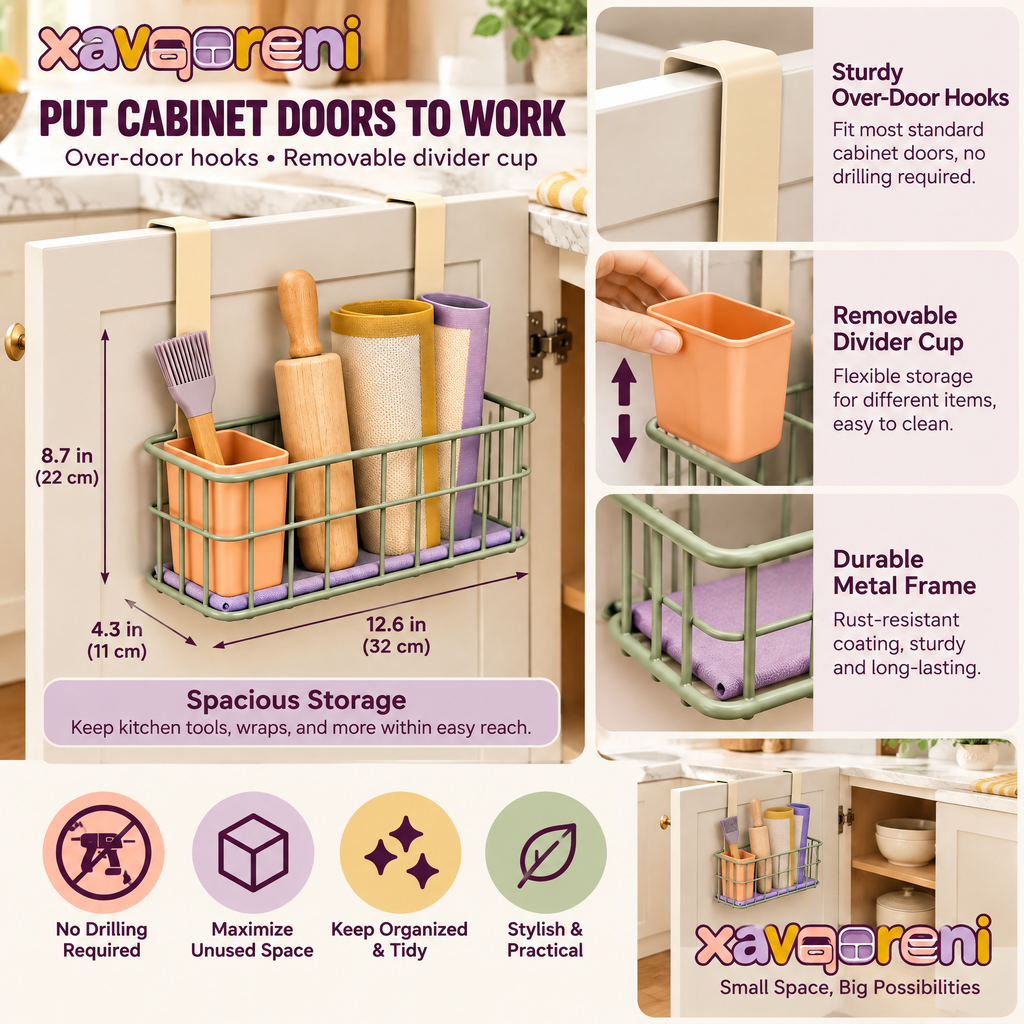 XAVQORENI Over Cabinet Door Organizer Basket with Removable Utensil Cup and Base Liner, Kitchen Storage for Baking Mats and Tools