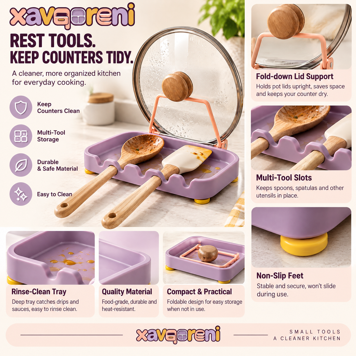 XAVQORENI Pot Lid Holder and Spoon Rest with Fold-Down Support, Countertop Drip Tray for Spatulas, Ladles and Cooking Utensils