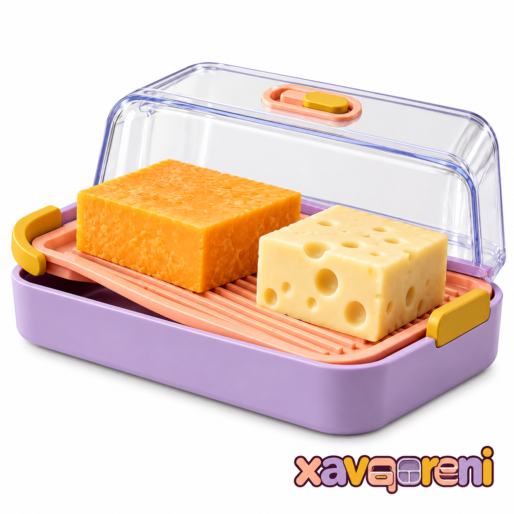 XAVQORENI Cheese Keeper for Refrigerator with Removable Raised Serving Tray and Adjustable Vent, Clear Covered Cheese Storage Box