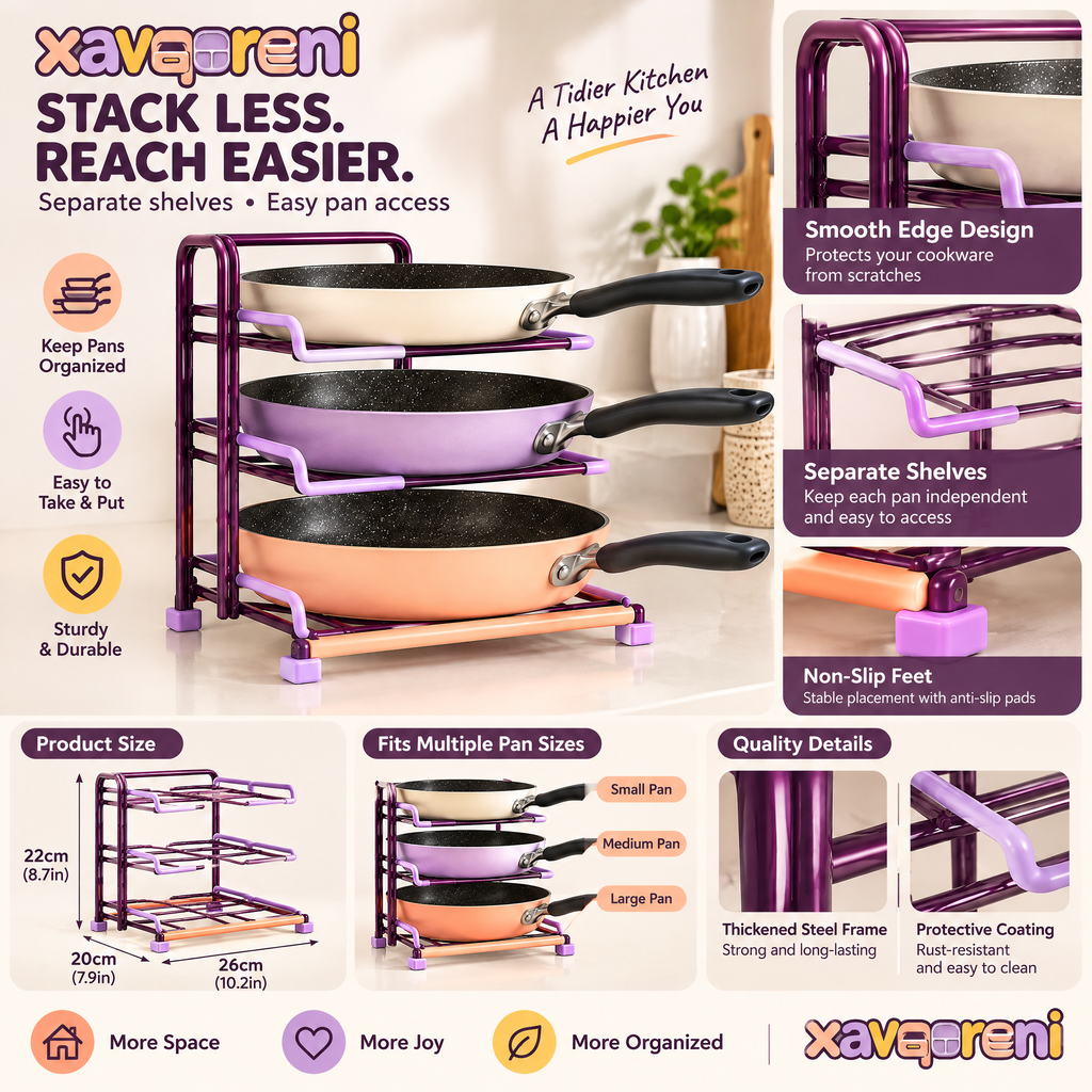 XAVQORENI 3-Tier Pan Organizer Rack for Kitchen Cabinets, Freestanding Frying Pan Storage Holder with Separate Shelves