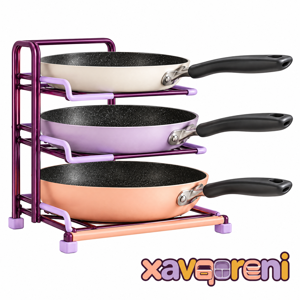 XAVQORENI 3-Tier Pan Organizer Rack for Kitchen Cabinets, Freestanding Frying Pan Storage Holder with Separate Shelves