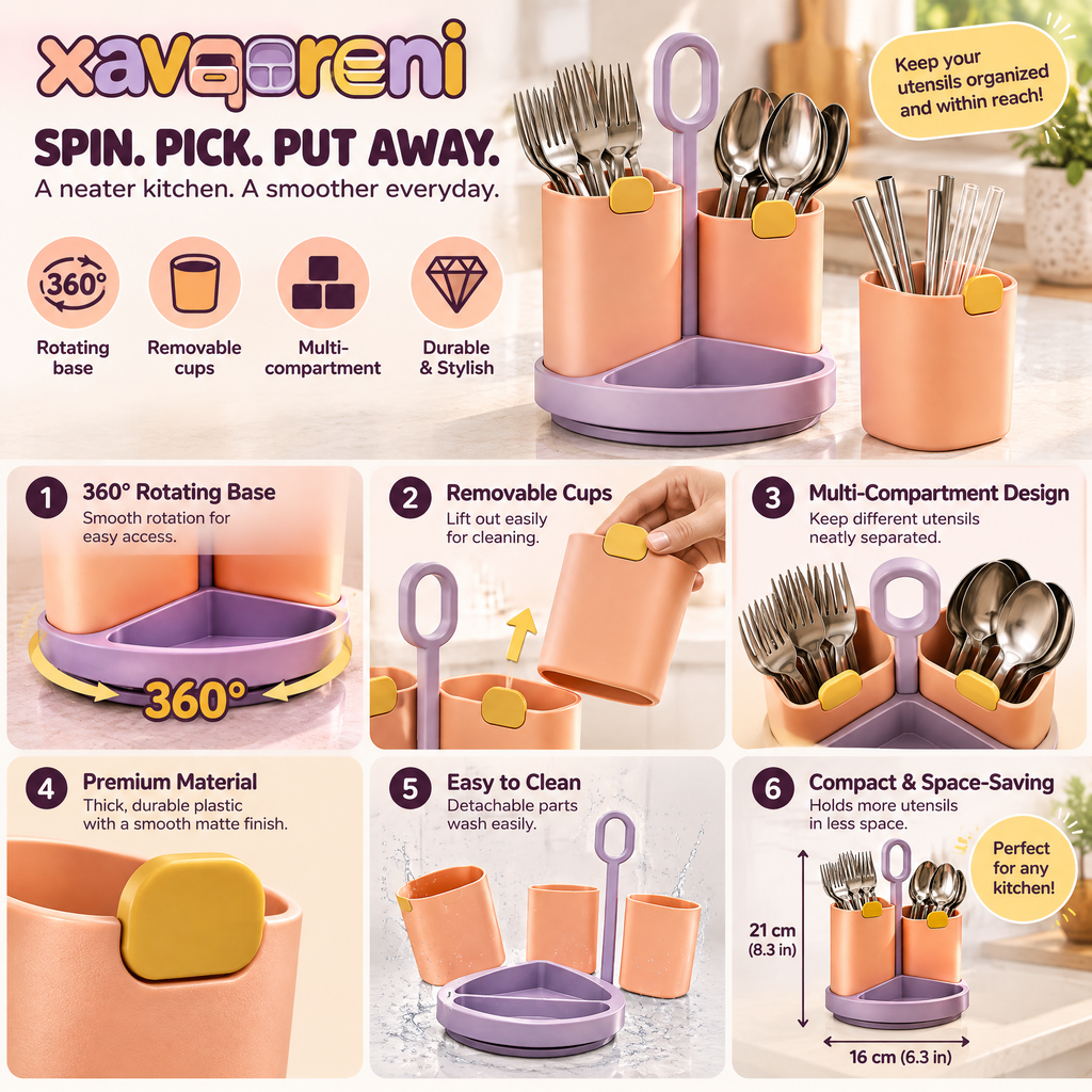 XAVQORENI Rotating Silverware Caddy with Removable Cups and Carry Handle, Countertop Flatware Organizer for Forks, Spoons and Straws