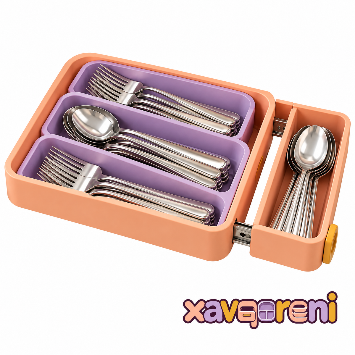 XAVQORENI Expandable Silverware Drawer Organizer, Angled Flatware Tray with Sliding Side Compartment for Spoons and Forks