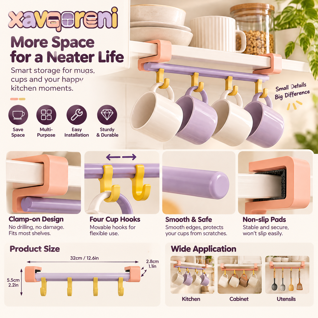 XAVQORENI Under Shelf Mug Holder with Four Hooks, Clamp-On Coffee Cup Rack for Kitchen Cabinet and Cupboard Storage