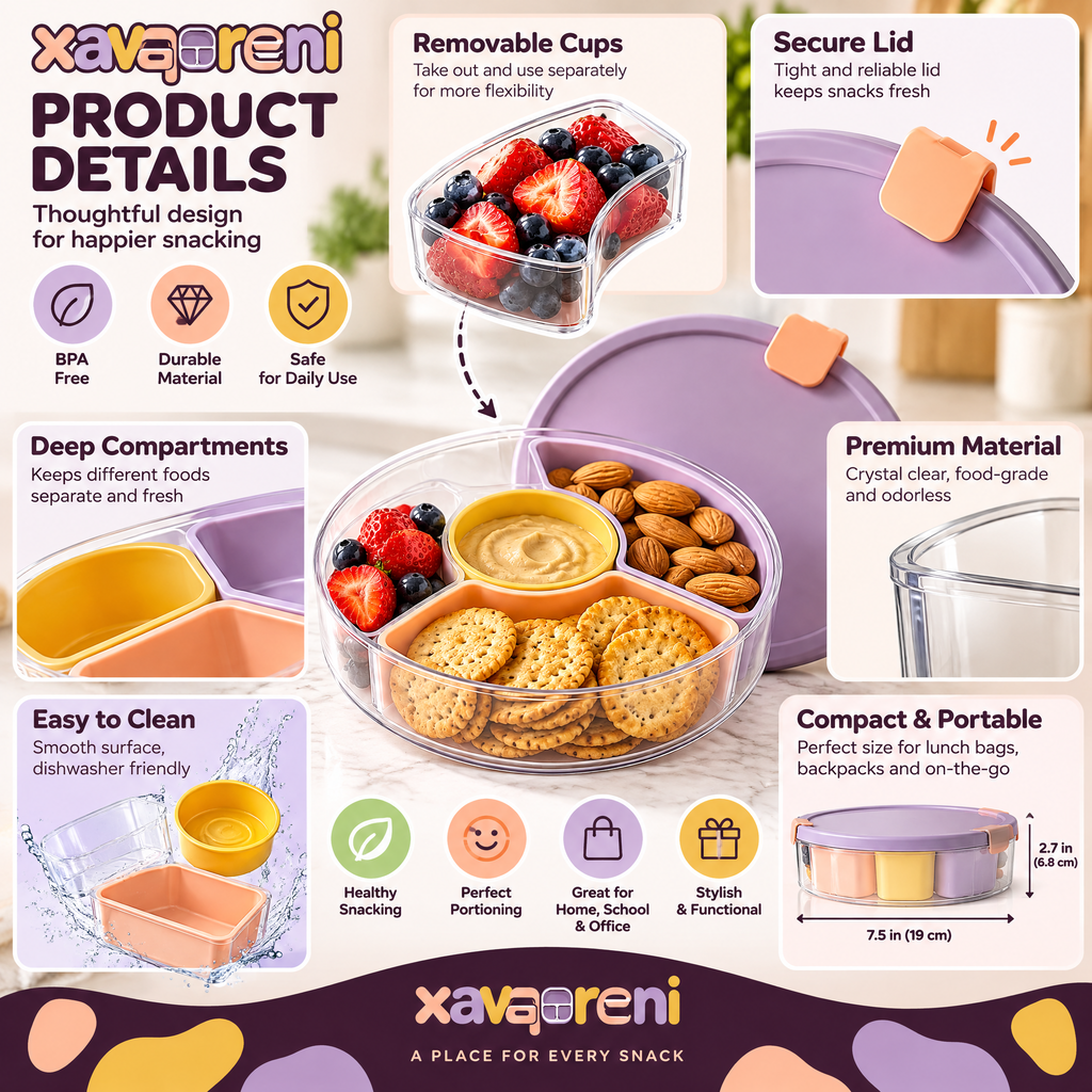 XAVQORENI Round Divided Snack Container with Removable Cups and Center Dip Cup, Lidded Food Organizer for Fruit, Nuts and Crackers