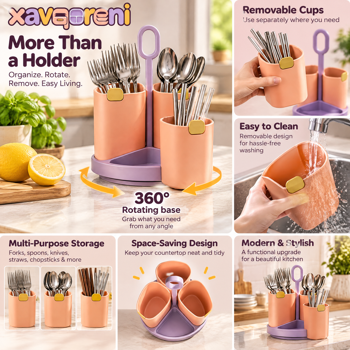 XAVQORENI Rotating Silverware Caddy with Removable Cups and Carry Handle, Countertop Flatware Organizer for Forks, Spoons and Straws