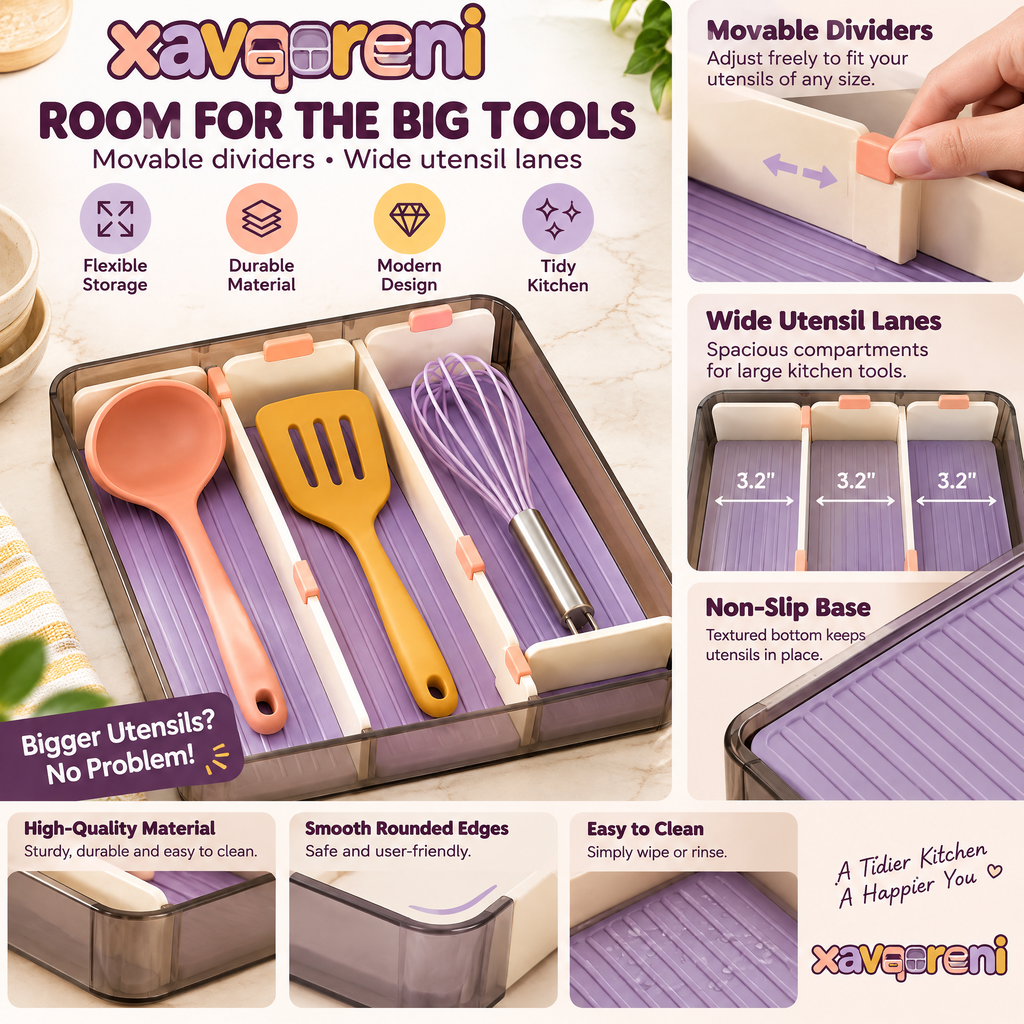 XAVQORENI Kitchen Utensil Drawer Organizer with Movable Dividers, Wide-Compartment Storage Tray for Ladles, Spatulas and Whisks