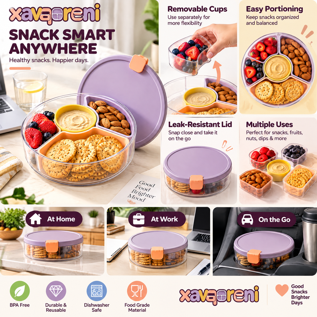 XAVQORENI Round Divided Snack Container with Removable Cups and Center Dip Cup, Lidded Food Organizer for Fruit, Nuts and Crackers